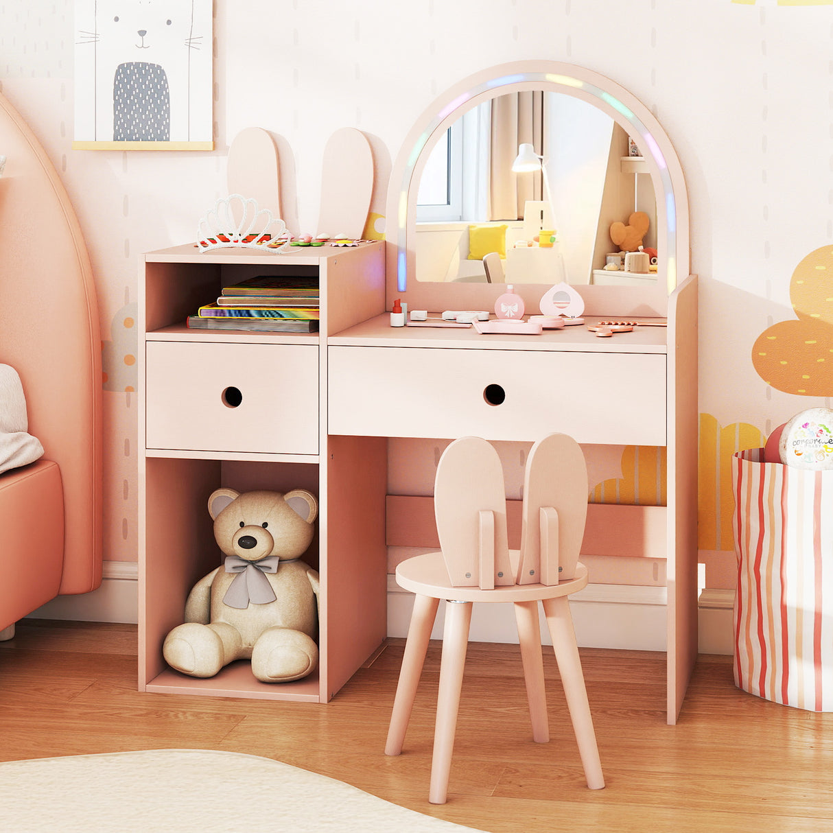 Kids Vanity Desk and Chair Set with Lights  Open Shelves