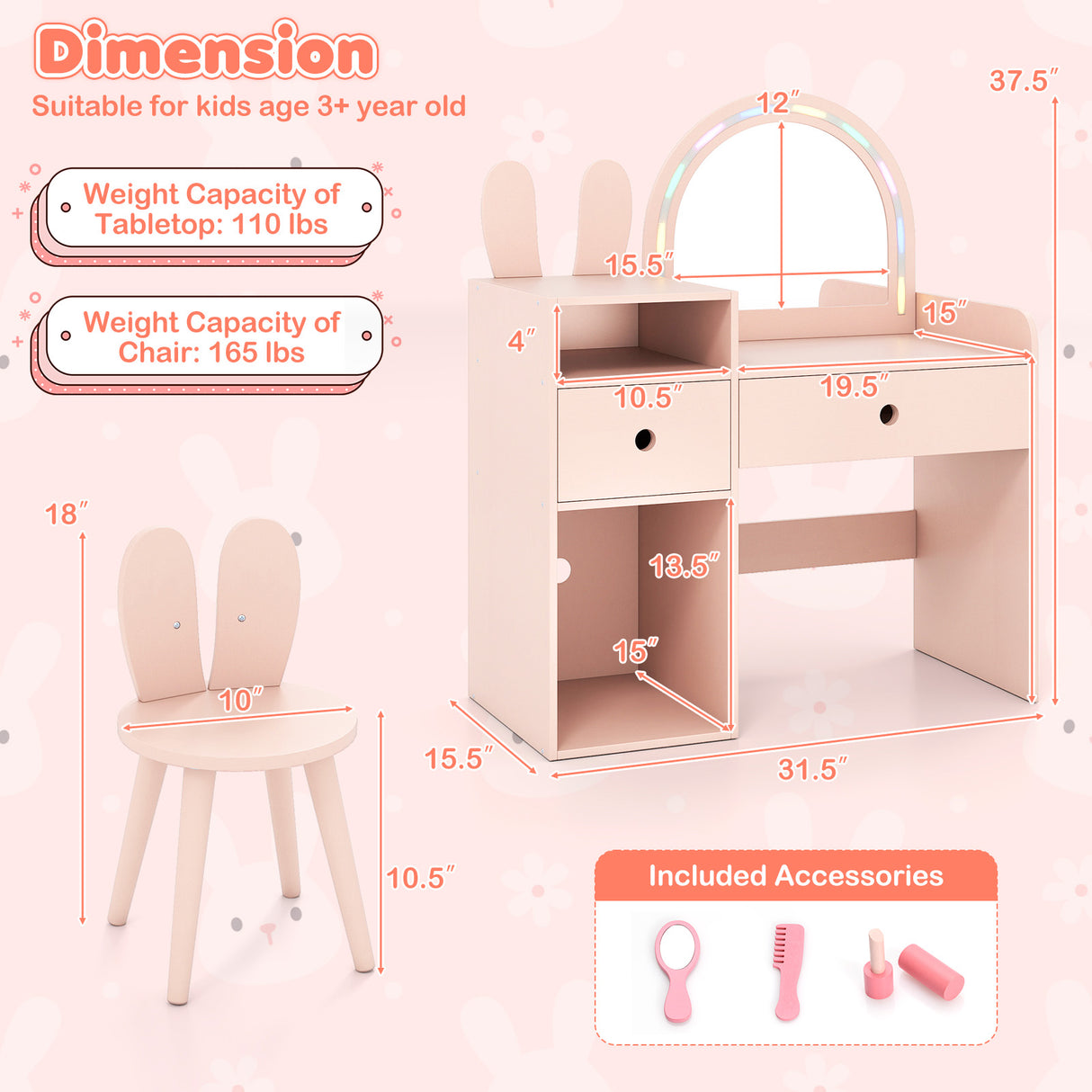 Kids Vanity Desk and Chair Set with Lights  Open Shelves