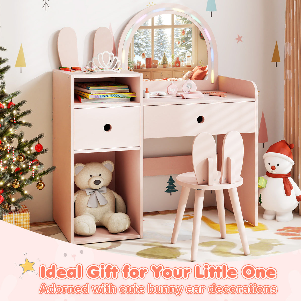 Kids Vanity Desk and Chair Set with Lights  Open Shelves