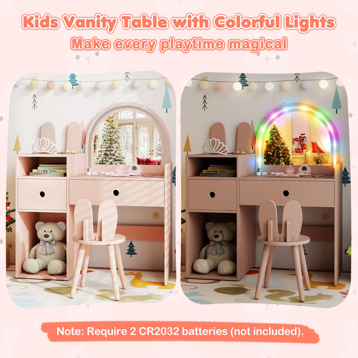 Kids Vanity Desk and Chair Set with Lights  Open Shelves