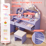 Kids Vanity Desk with Mirror and Lights Princess Pretend Play Dressing Table
