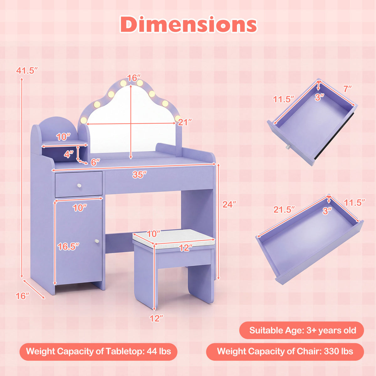 Kids Vanity Desk with Mirror and Lights Princess Pretend Play Dressing Table