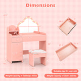 Kids Vanity Desk with Mirror and Lights Princess Pretend Play Dressing Table
