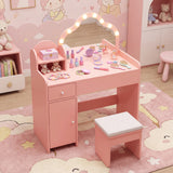 Kids Vanity Desk with Mirror and Lights Princess Pretend Play Dressing Table