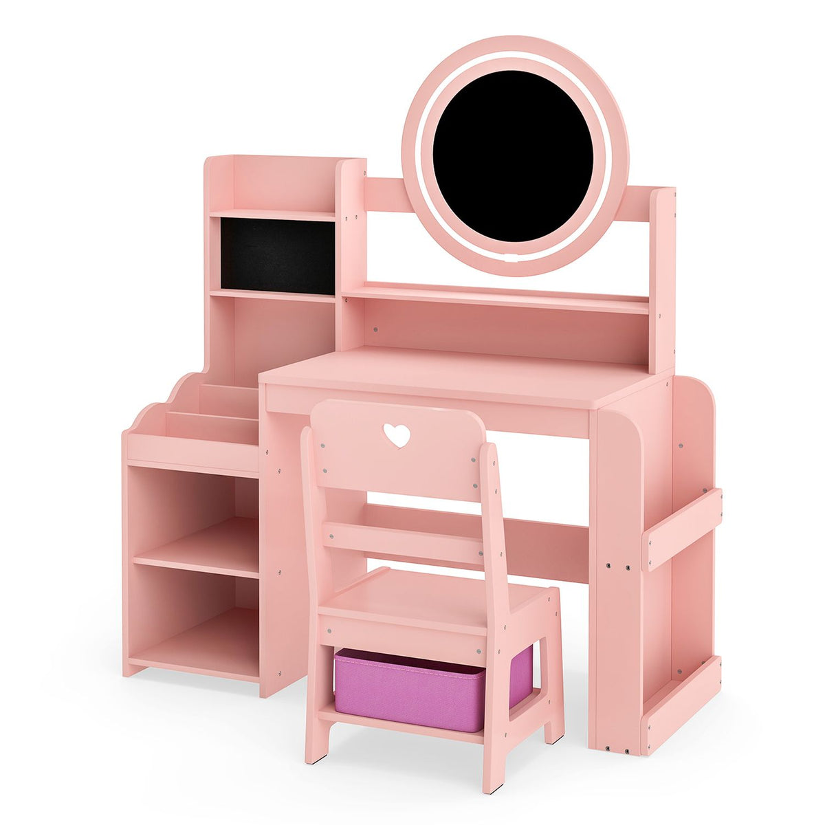 Kids Vanity Desk with Mirror Side Bookshelf and Ring Slots