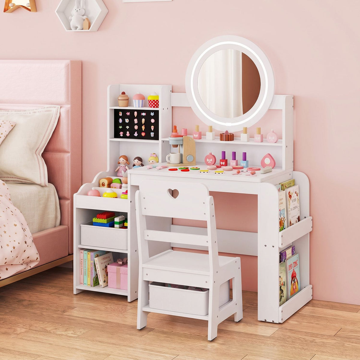 Kids Vanity Desk with Mirror Side Bookshelf and Ring Slots