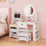 Kids Vanity Desk with Mirror Side Bookshelf and Ring Slots