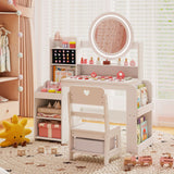 Kids Vanity Desk with Mirror Side Bookshelf and Ring Slots