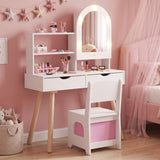 Kids Vanity Set Pretend Play Dressing Table Set with 3-Color Lighting Modes and Mirror Cabinet