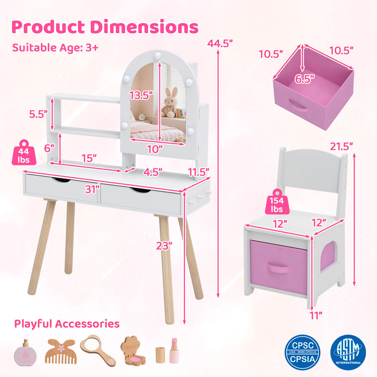 Kids Vanity Set Pretend Play Dressing Table Set with 3-Color Lighting Modes and Mirror Cabinet