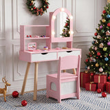 Kids Vanity Set Pretend Play Dressing Table Set with 3-Color Lighting Modes and Mirror Cabinet