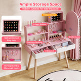 Kids Vanity Set Pretend Play Dressing Table Set with 3-Color Lighting Modes and Mirror Cabinet