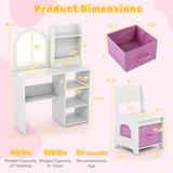 Kids Vanity Set Princess Girls Makeup Vanity Desk with Chair and 3-Color LED Lighted Mirror