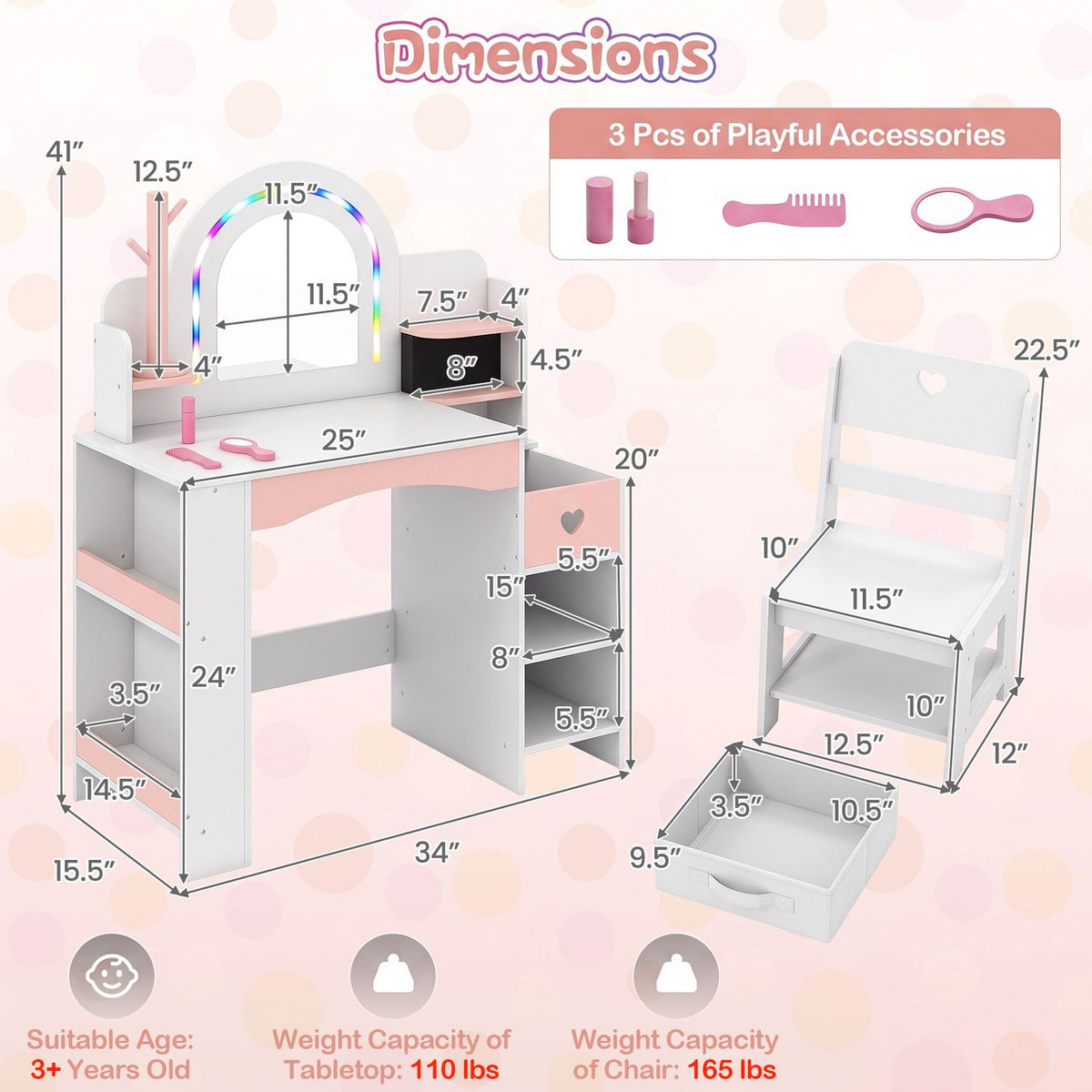 Kids Vanity Set with Colorful LED Lights and Jewelry Stand for Toddlers