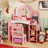 Kids Vanity Set with Colorful LED Lights Princess Makeup Dressing Table with Chair