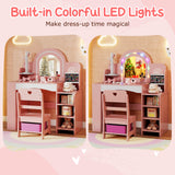 Kids Vanity Set with Colorful LED Lights Princess Makeup Dressing Table with Chair