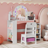 Kids Vanity Set with Colorful LED Lights Princess Makeup Dressing Table with Chair