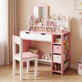 Kids Vanity Set with Chair and Mirror Makeup Dressing Desk with Storage Shelves and Drawers-White & Pink