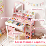 Kids Vanity Set with Chair and Mirror Makeup Dressing Desk with Storage Shelves and Drawers-White & Pink