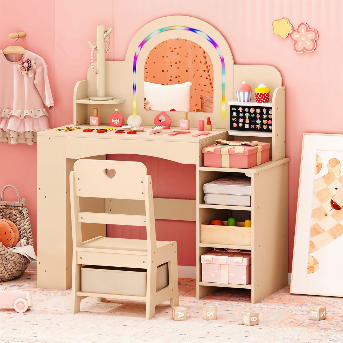 Kids Vanity Set with Colorful LED Lights Princess Makeup Dressing Table with Chair