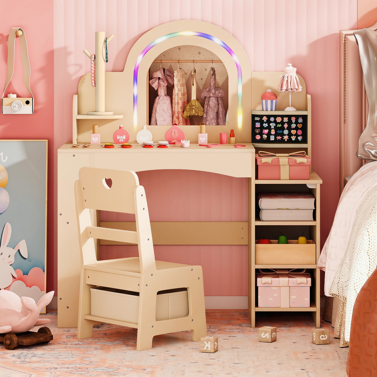 Kids Vanity Set with Colorful LED Lights Princess Makeup Dressing Table with Chair