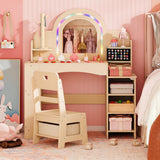 Kids Vanity Set with Colorful LED Lights Princess Makeup Dressing Table with Chair