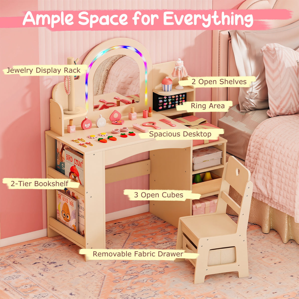 Kids Vanity Set with Colorful LED Lights Princess Makeup Dressing Table with Chair