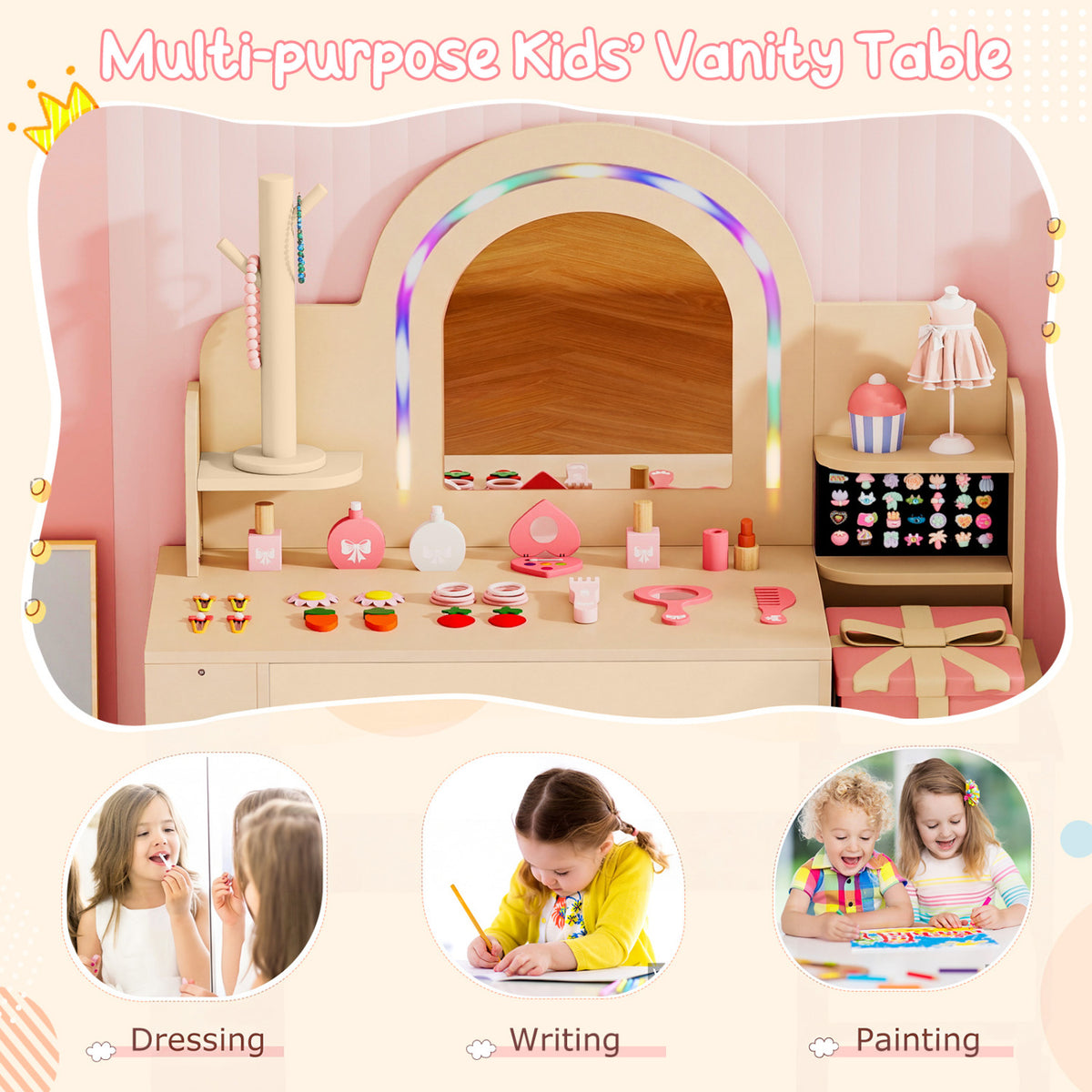 Kids Vanity Set with Colorful LED Lights Princess Makeup Dressing Table with Chair