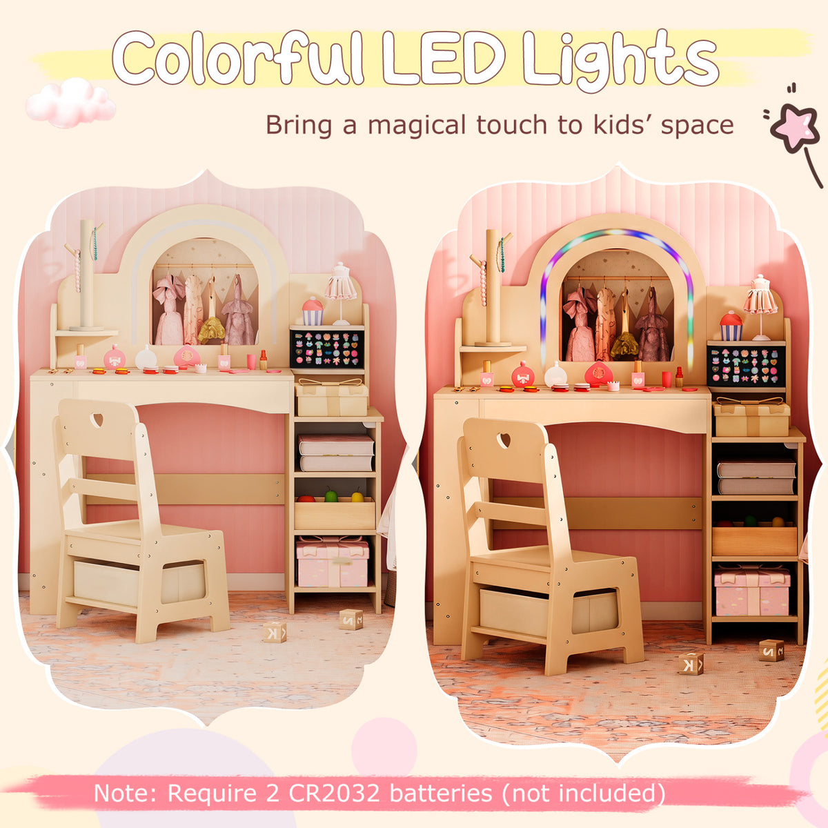 Kids Vanity Set with Colorful LED Lights Princess Makeup Dressing Table with Chair