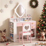 Kids Vanity Set with Crown Mirror & Chair for Girls-White