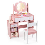 Kids Vanity Set with 360Â° Rotating Mirror & Chair for Girls-Pink