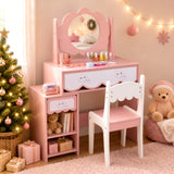Kids Vanity Set with 360Â° Rotating Mirror & Chair for Girls-Pink
