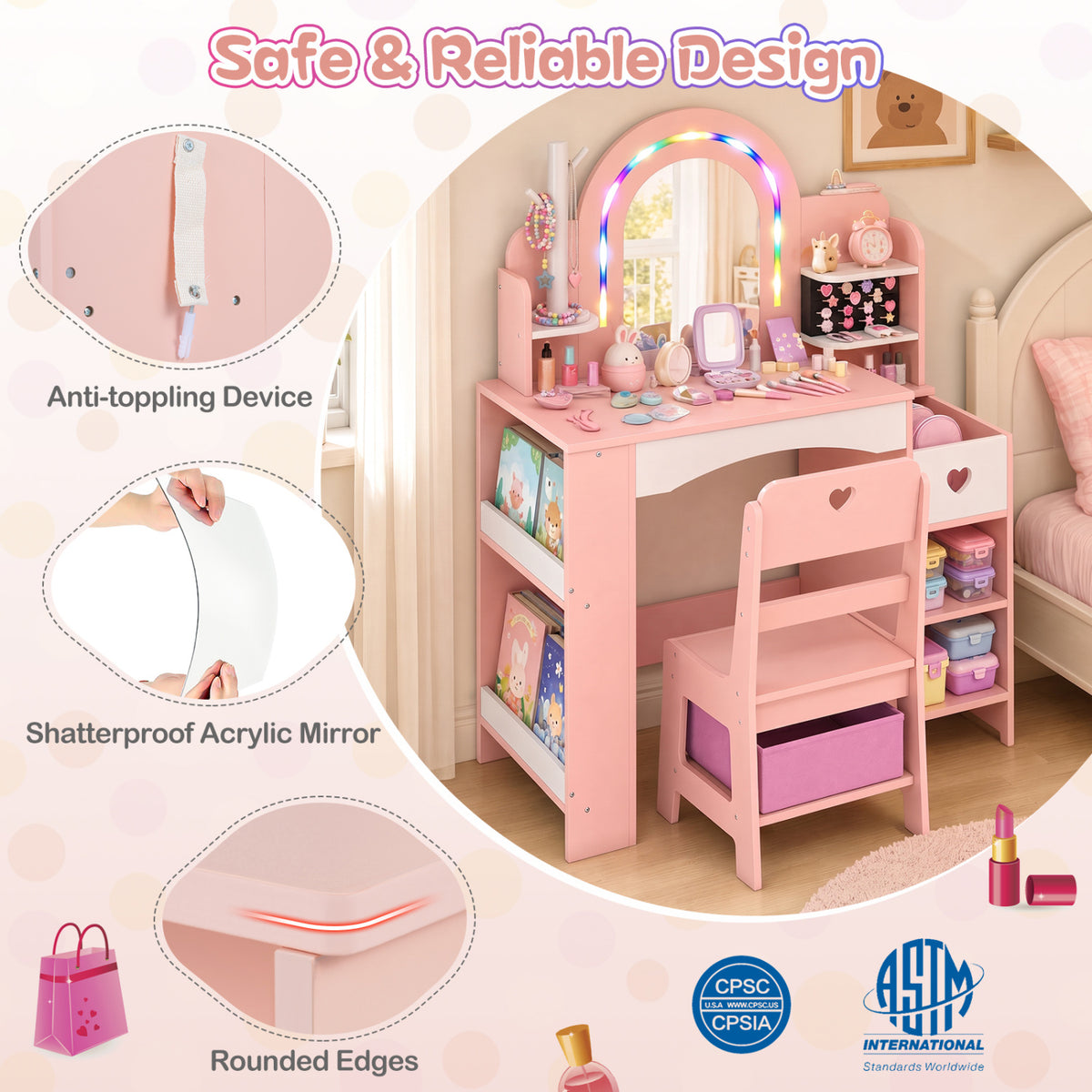 Kids Vanity Set with Colorful LED Lights and Jewelry Stand for Toddlers