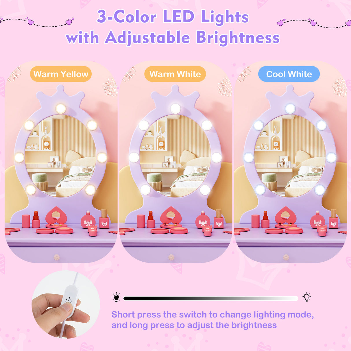 Kids Vanity Set with Lighted Mirror with Adjustable Brightness and Large Drawer