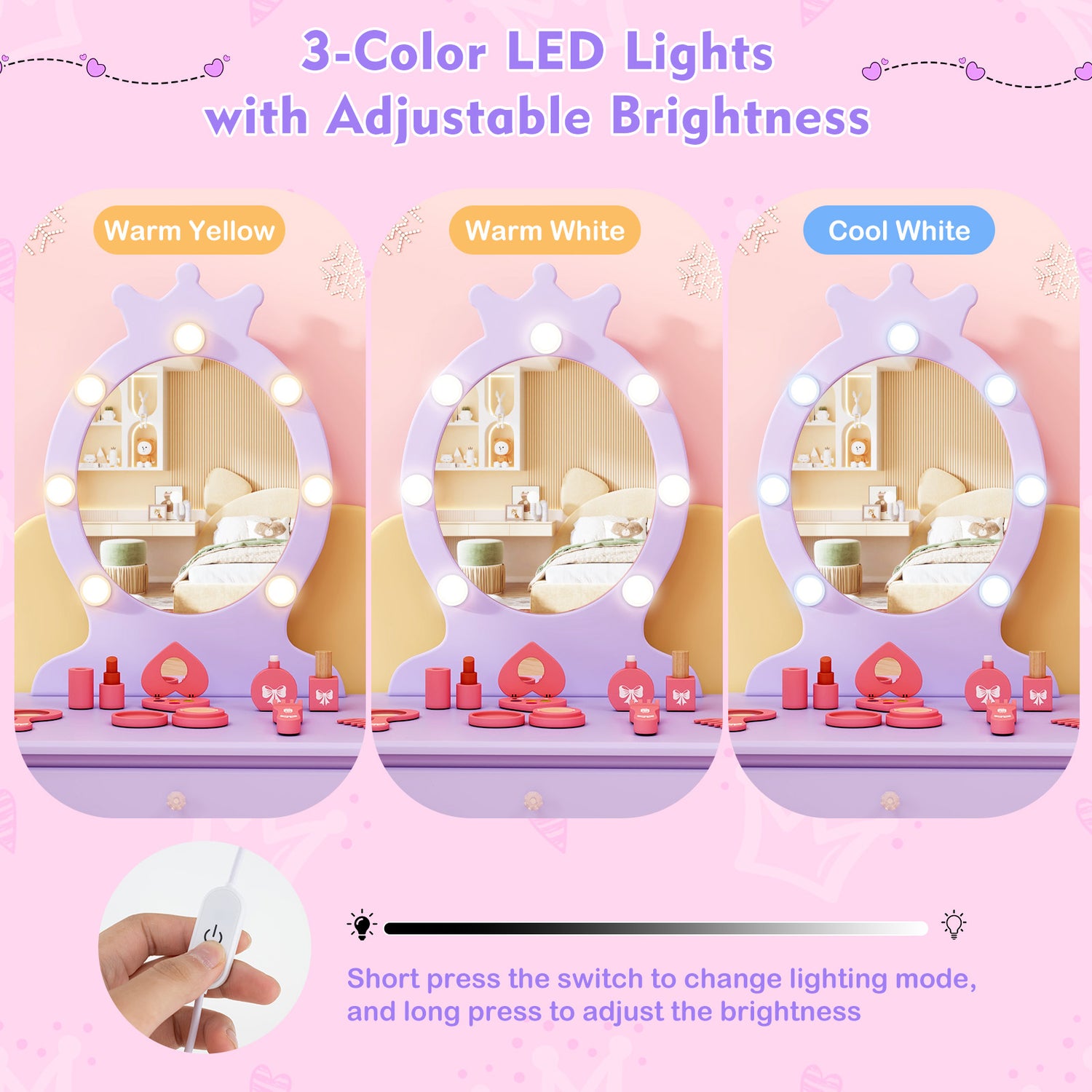 Kids Vanity Set with Lighted Mirror with Adjustable Brightness and Large Drawer