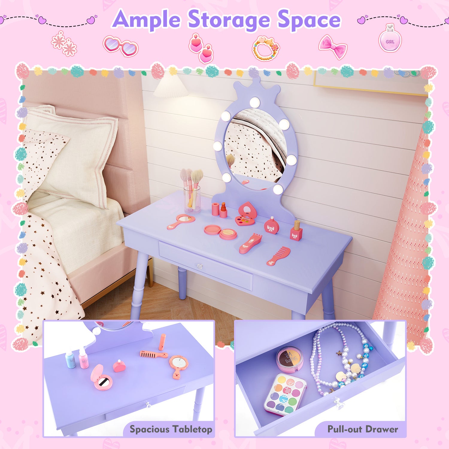 Kids Vanity Set with Lighted Mirror with Adjustable Brightness and Large Drawer