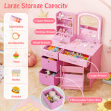 Kids Vanity Set with Lighted Mirror Makeup Desk and Chair Set with Drawers