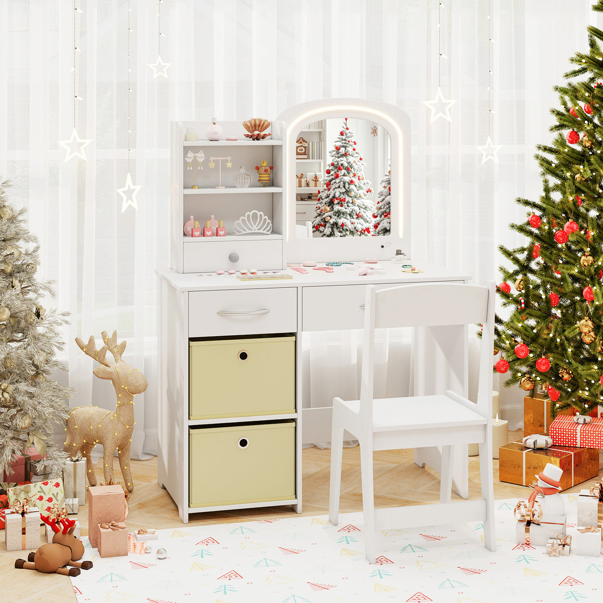 Kids Vanity Set with Lighted Mirror Makeup Desk and Chair Set with Drawers