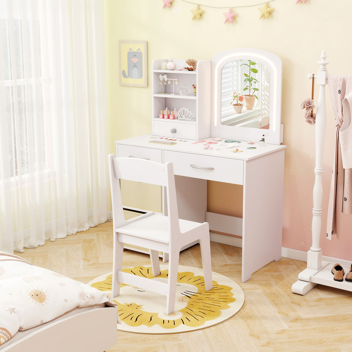 Kids Vanity Set with Lighted Mirror Makeup Desk and Chair Set with Drawers