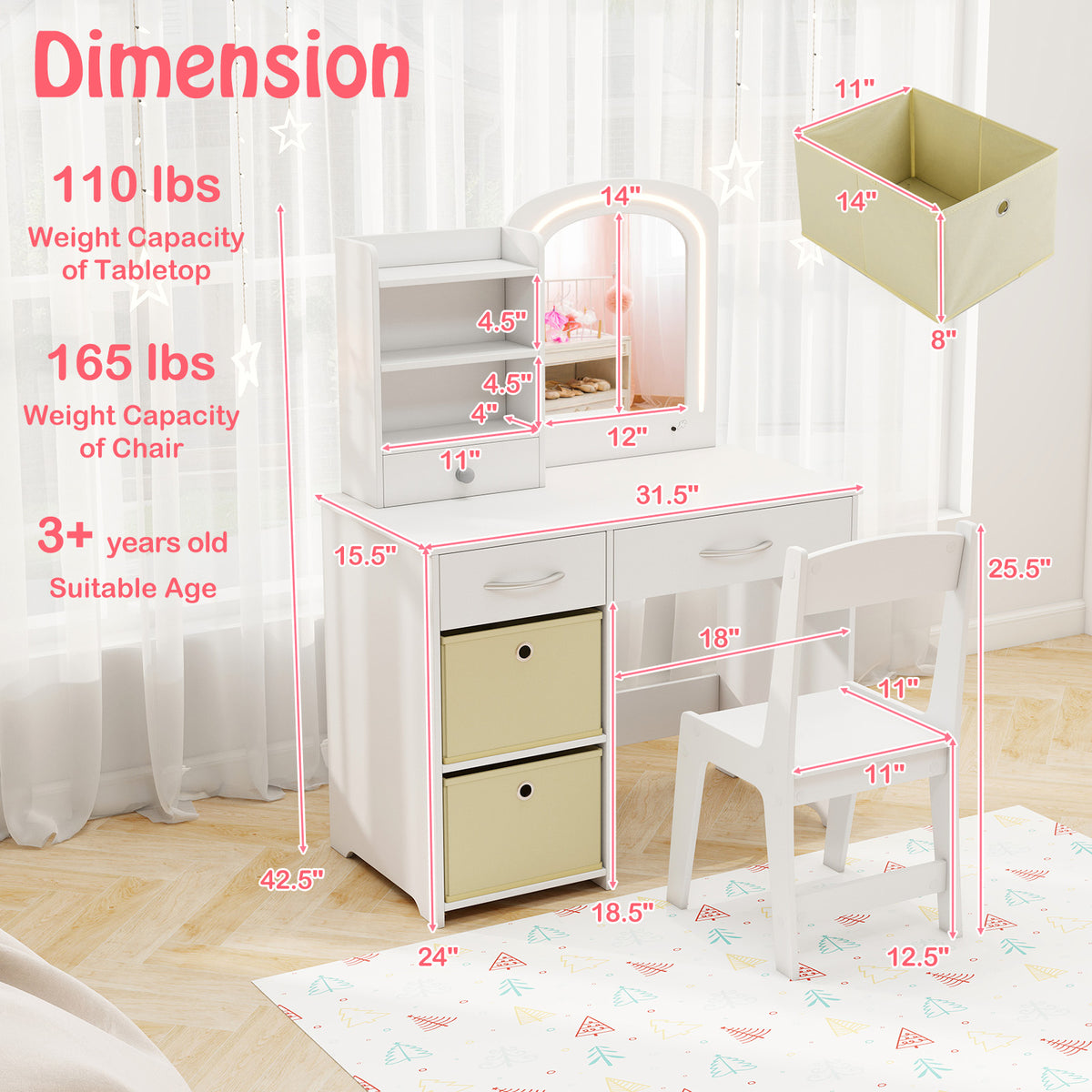 Kids Vanity Set with Lighted Mirror Makeup Desk and Chair Set with Drawers