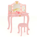 Kids Vanity Set with Tri-fold Lighted Mirror Detachable Top and Stool