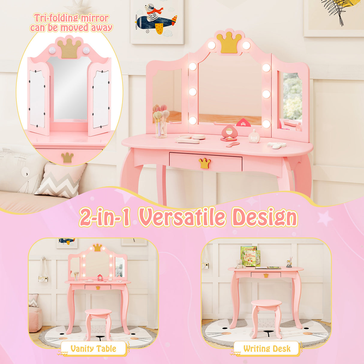 Kids Vanity Set with Tri-fold Lighted Mirror Detachable Top and Stool