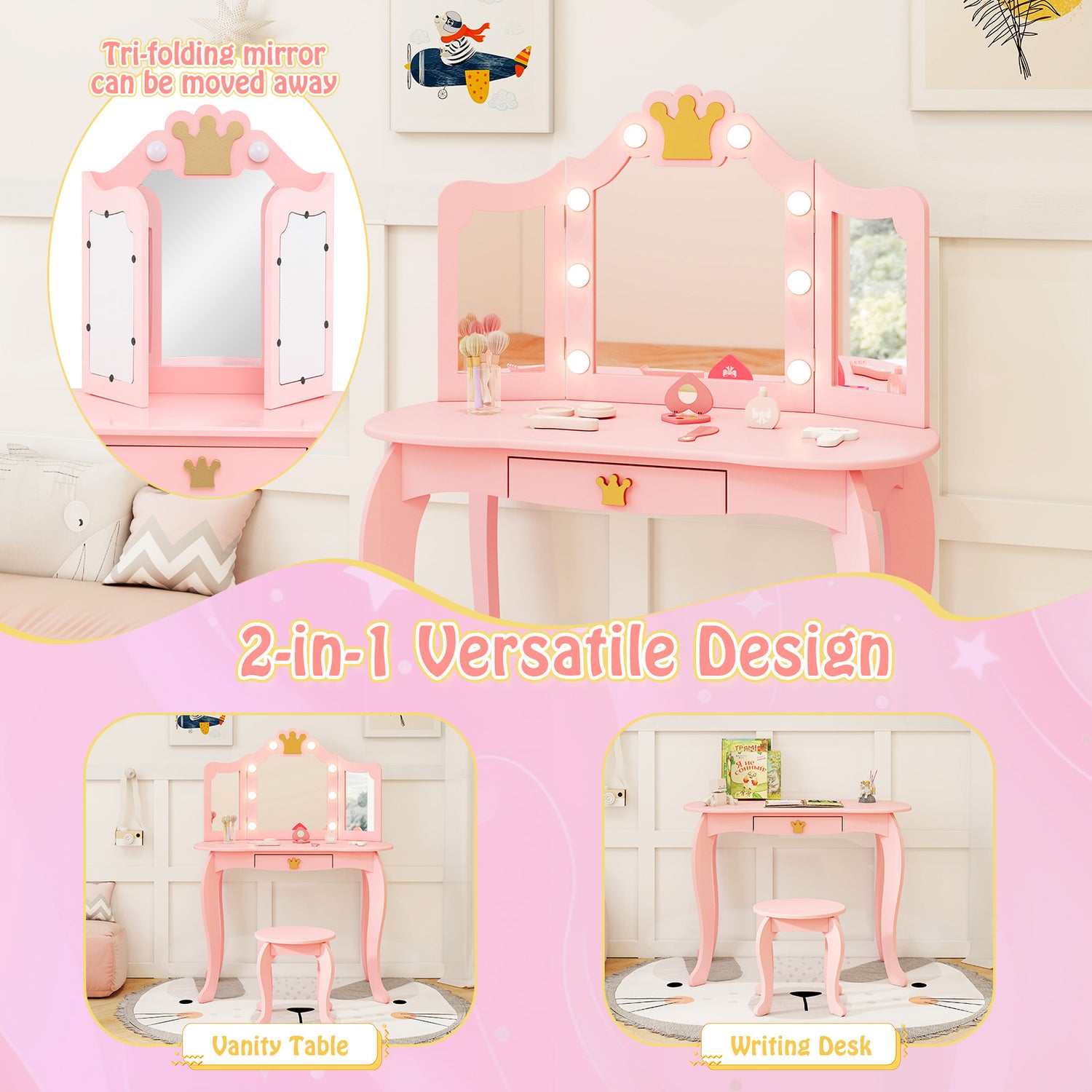 Kids Vanity Set with Tri-fold Lighted Mirror Detachable Top and Stool