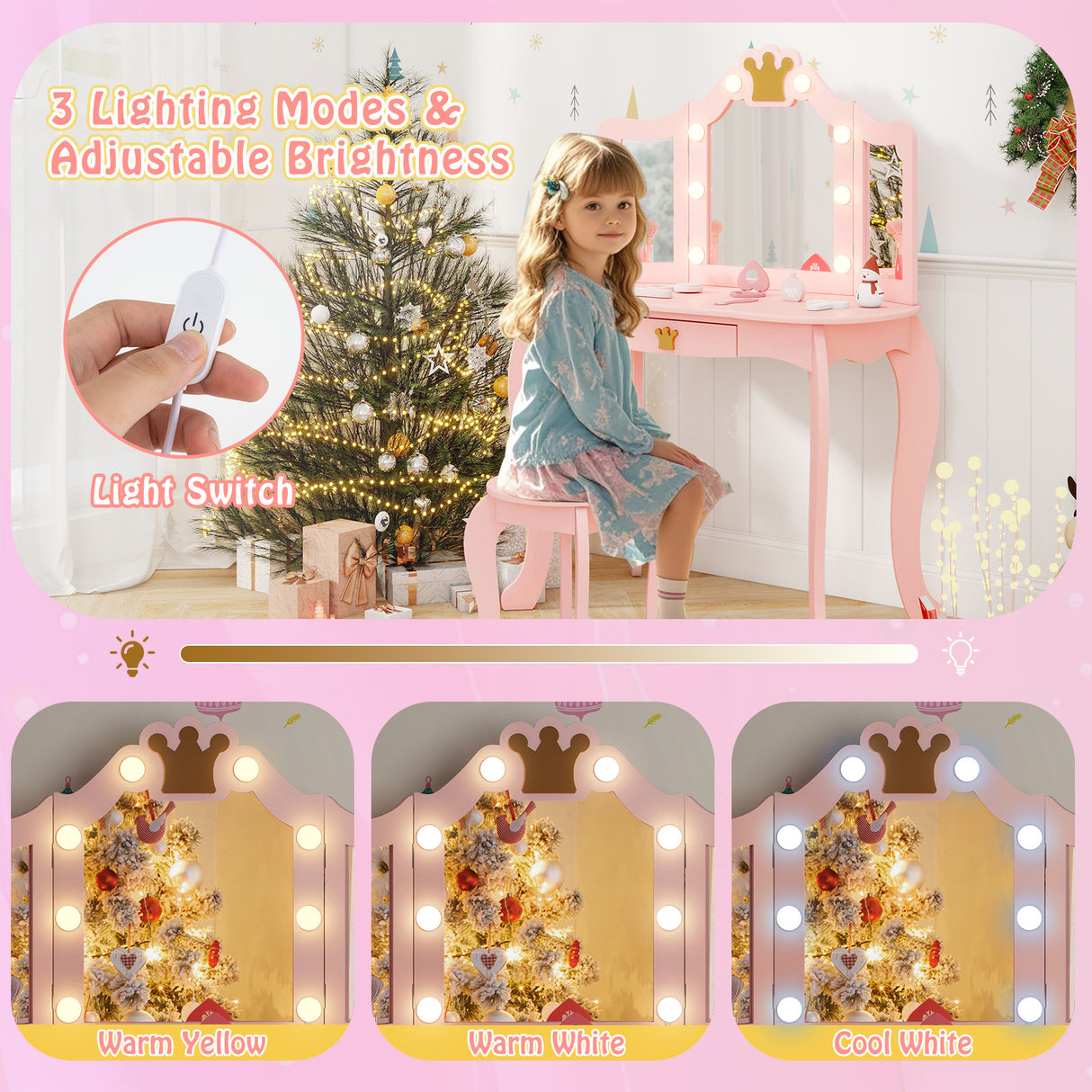 Kids Vanity Set with Tri-fold Lighted Mirror Detachable Top and Stool