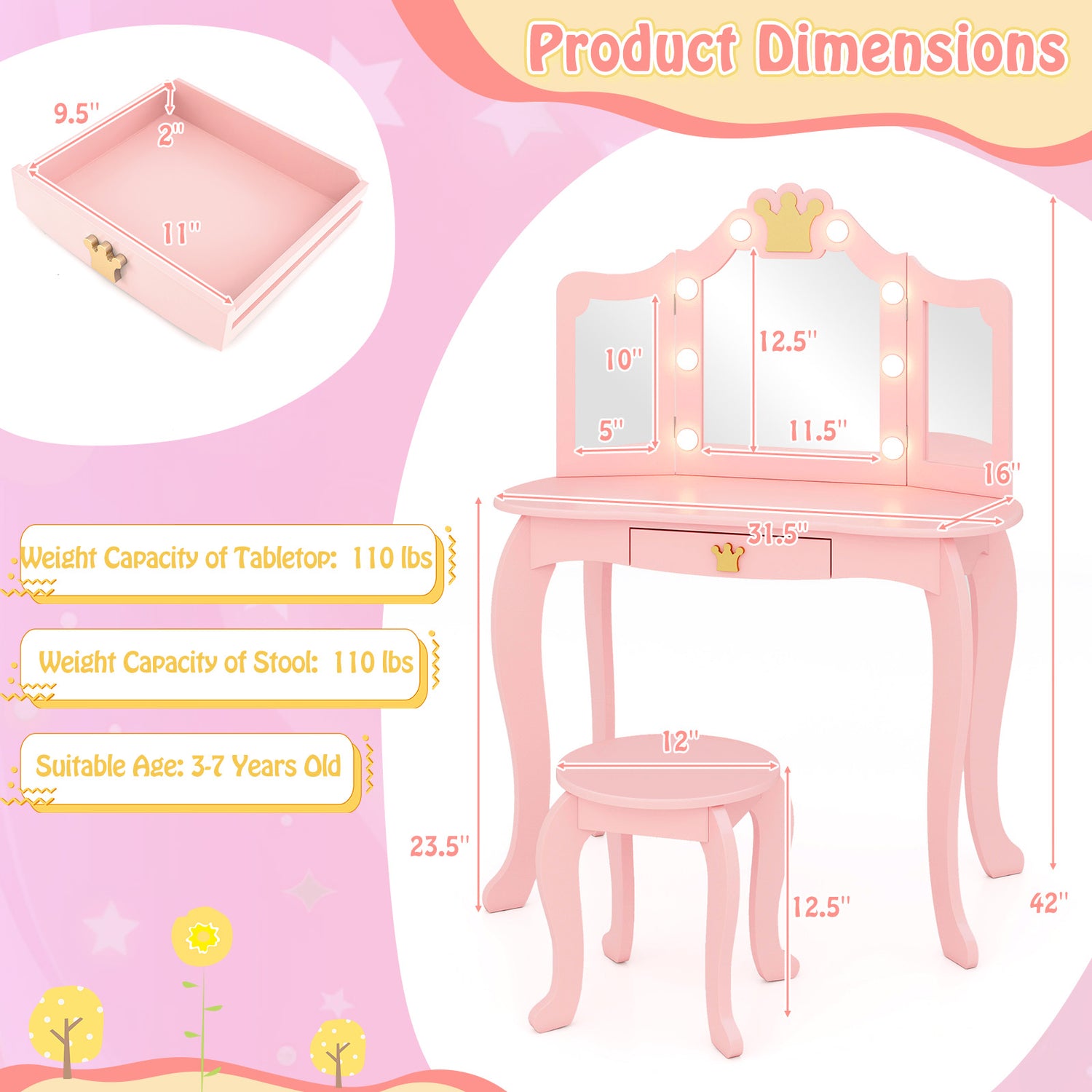 Kids Vanity Set with Tri-fold Lighted Mirror Detachable Top and Stool