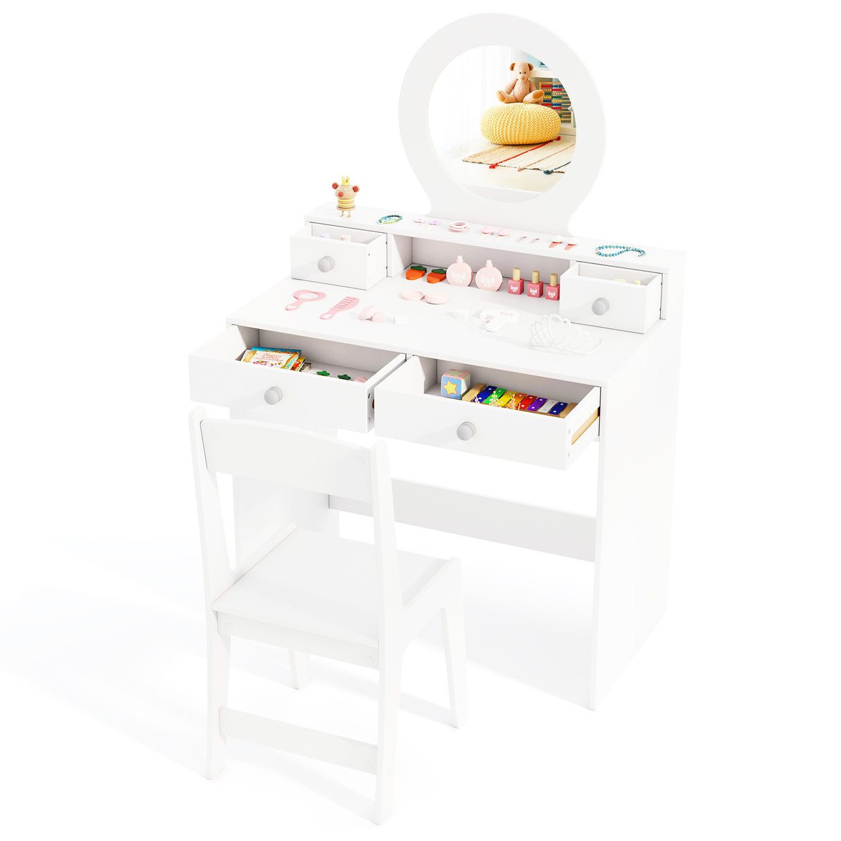 Kids Vanity Set with Mirror Princess Makeup Dressing Desk and Chair Set with Mirror