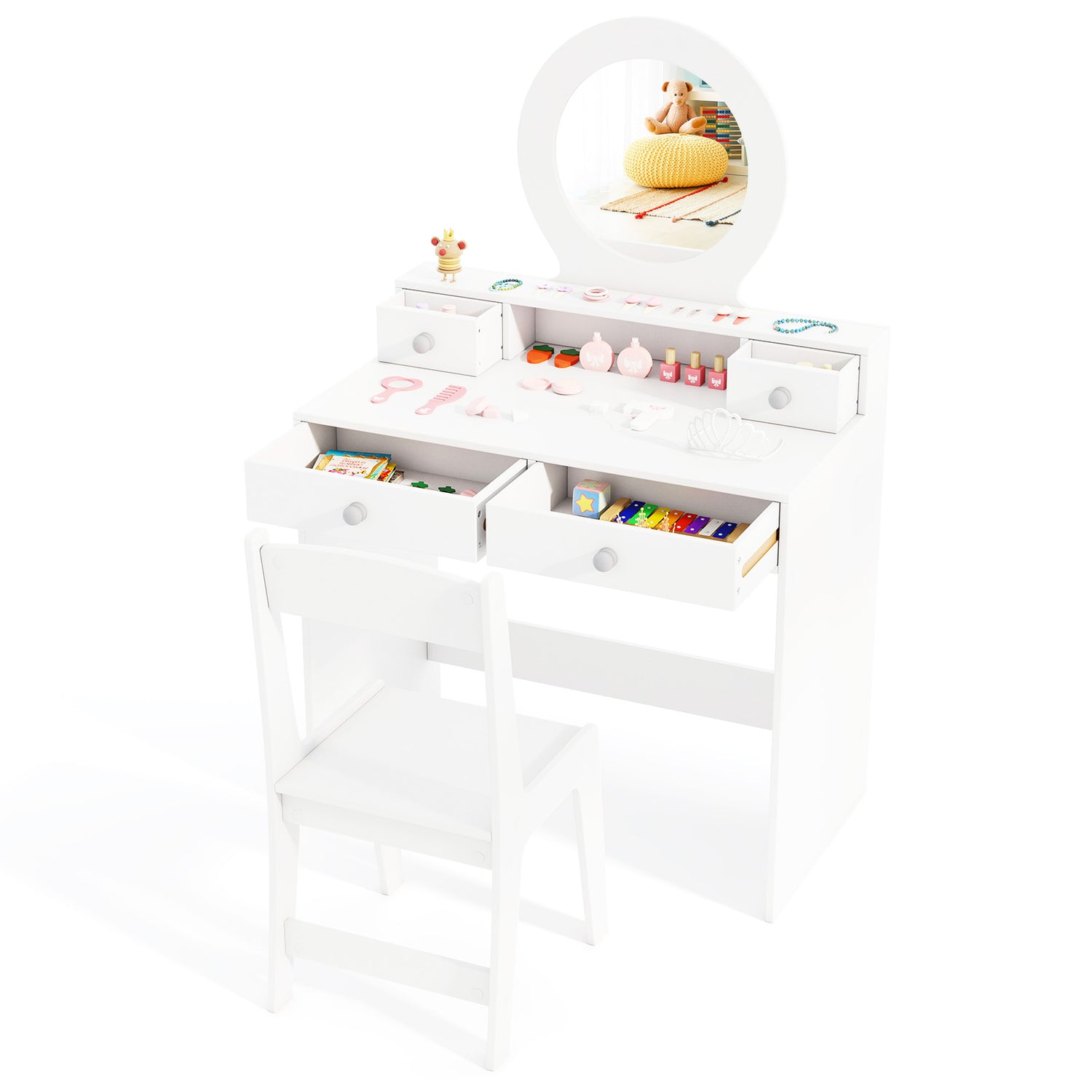 Kids Vanity Set with Mirror Princess Makeup Dressing Desk and Chair Set with Mirror