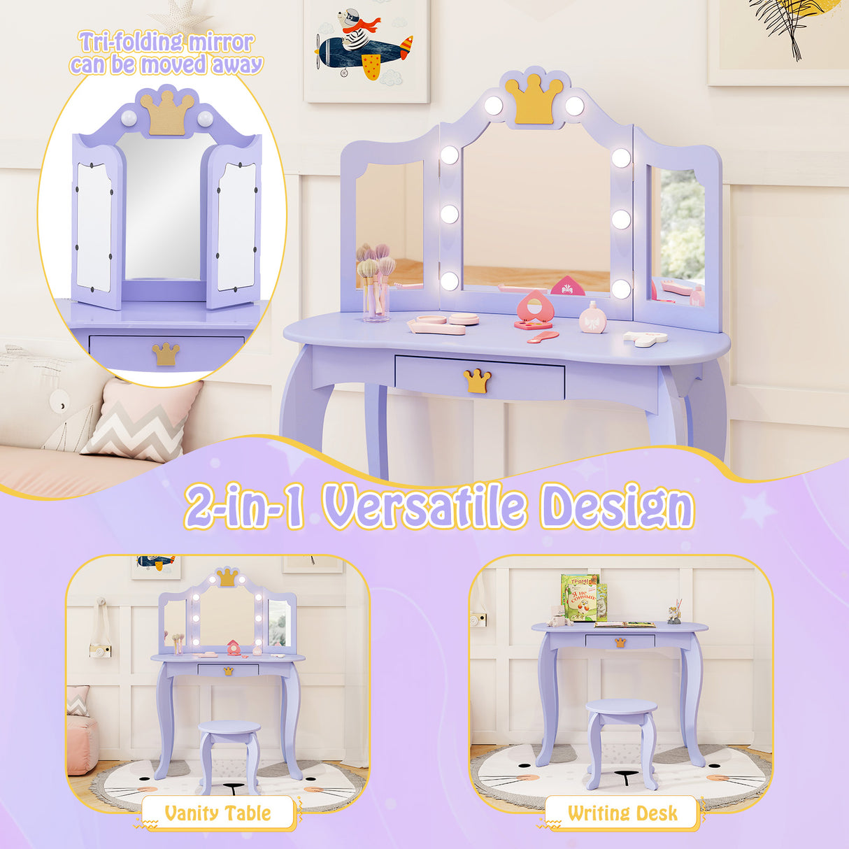 Kids Vanity Set with Tri-fold Lighted Mirror Detachable Top and Stool