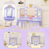 Kids Vanity Set with Tri-fold Lighted Mirror Detachable Top and Stool
