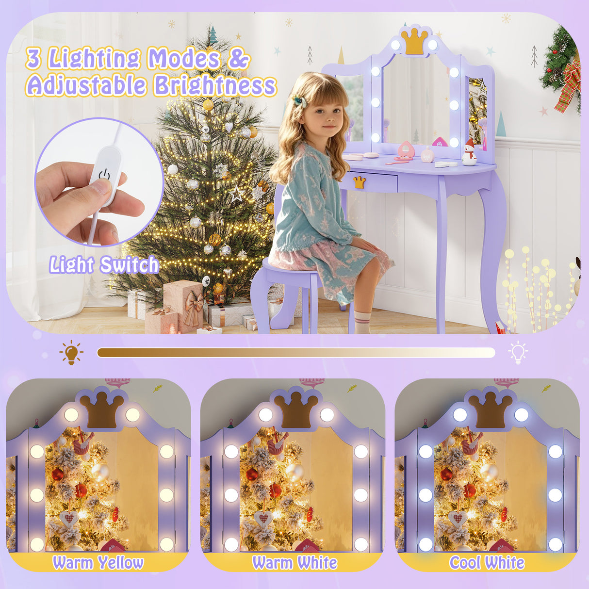 Kids Vanity Set with Tri-fold Lighted Mirror Detachable Top and Stool